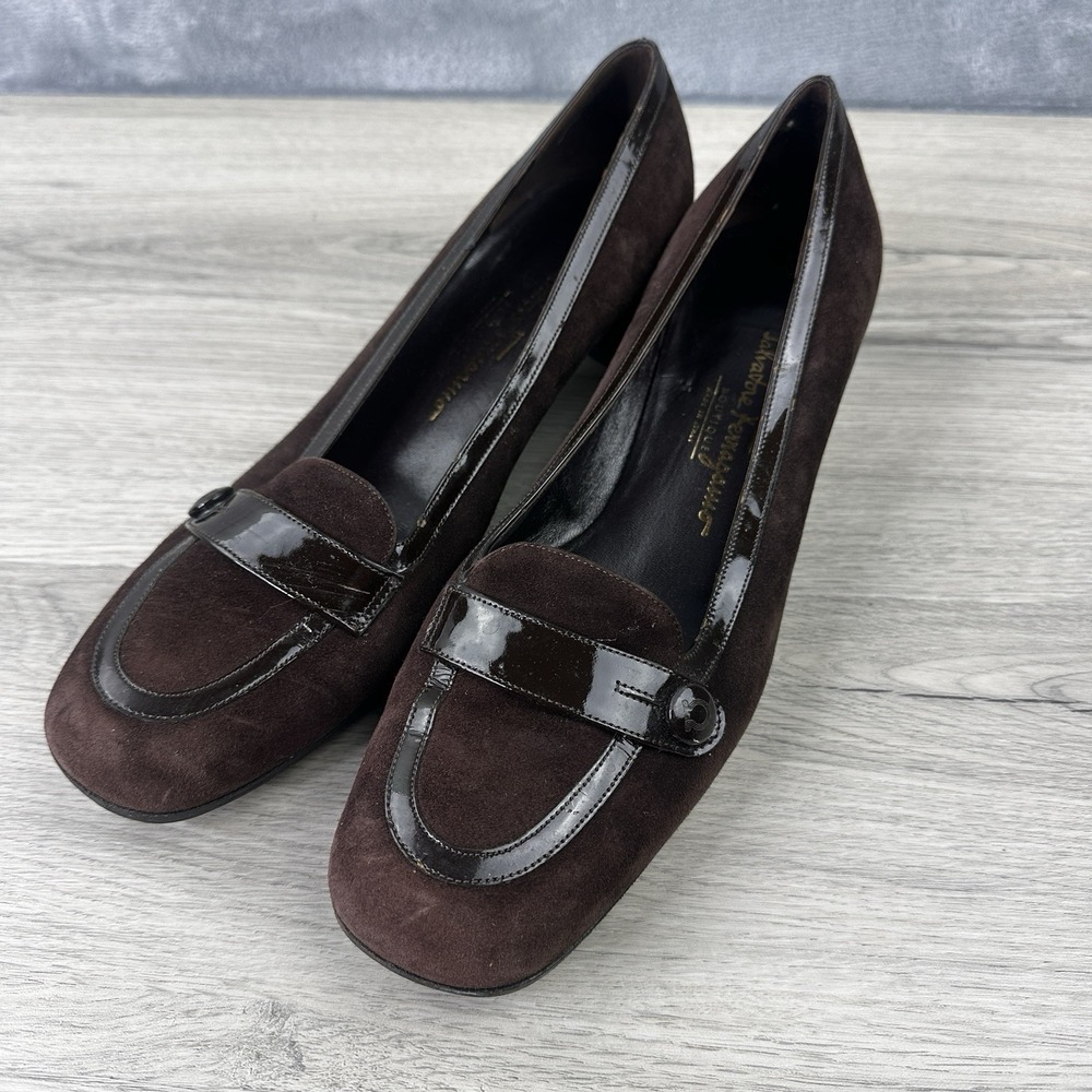 Salvatore Ferragamo Pumps Womens 9.5 B Brown Suede Patent Trim Block Heel
